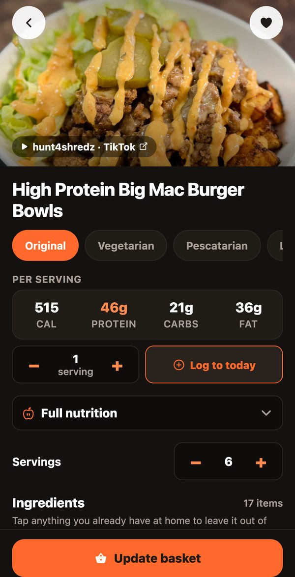 A recipe with per-serving macros and diet options