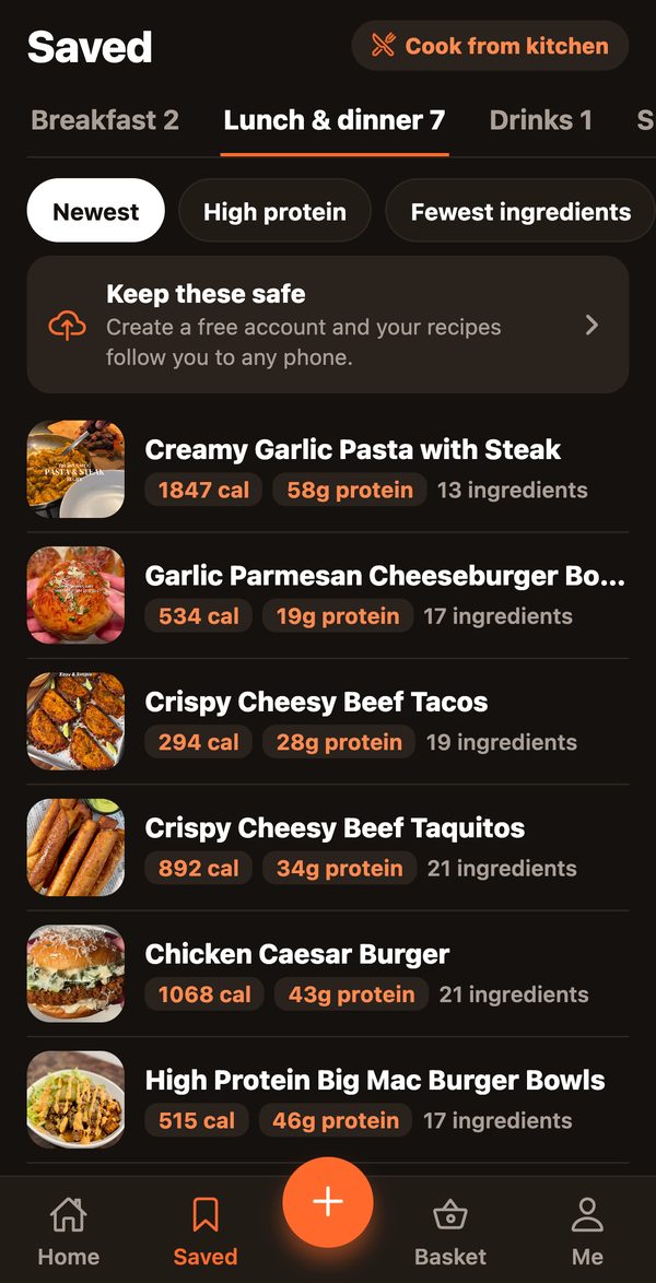 Saved recipes sorted by meal