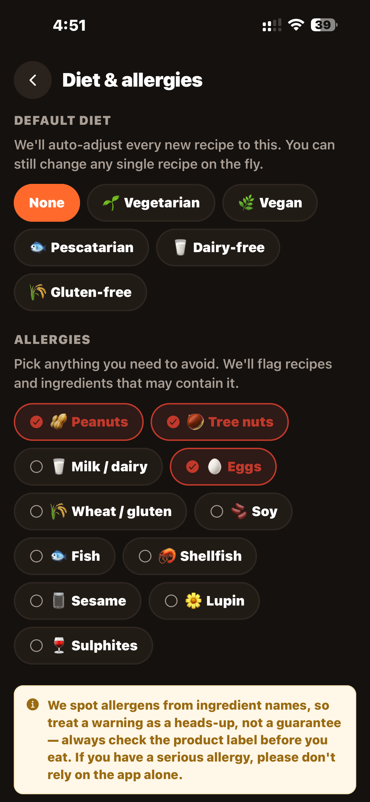 Diet and allergies settings with default diet and allergy flags